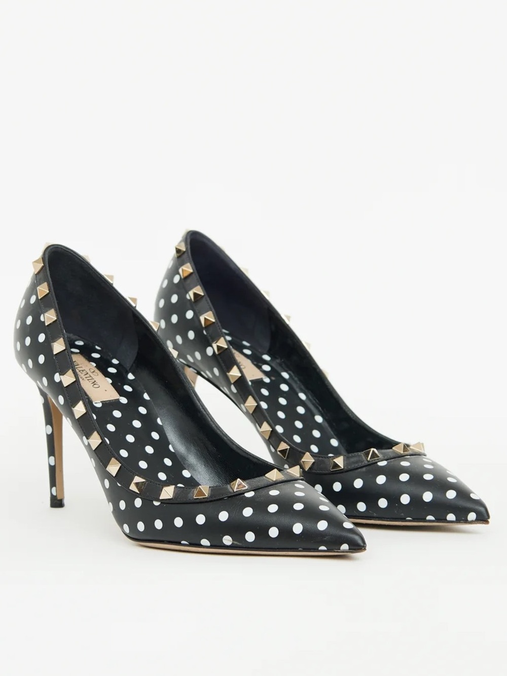 Valentino Rockstud Studded Polkadot Pointed Toe Black Leather Pump Heels